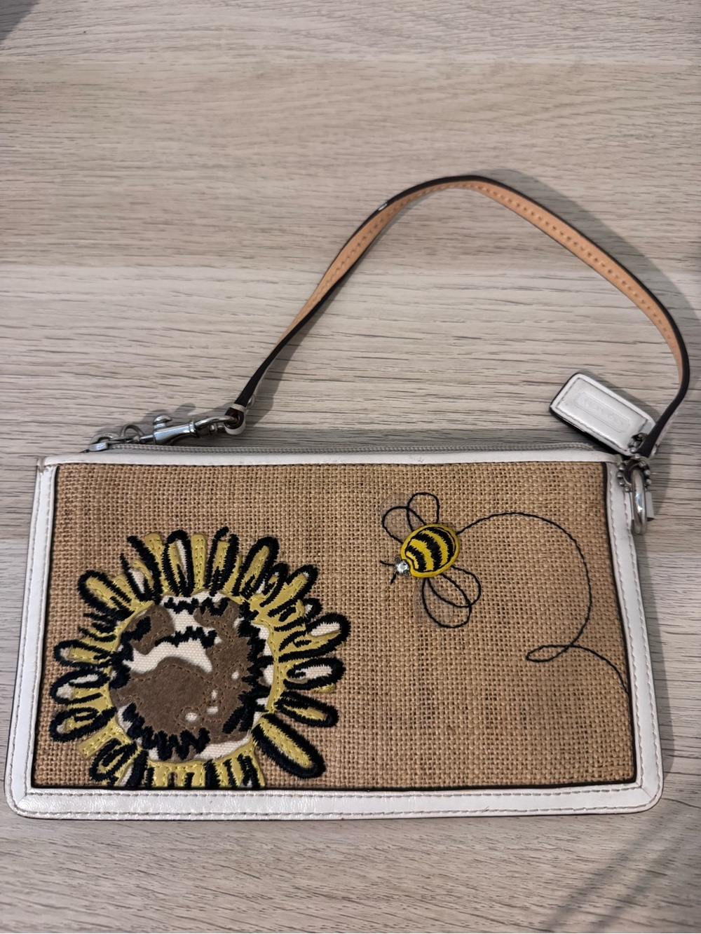 Coach Women’s Beige Sunflower & Bee Wristlet Clutch